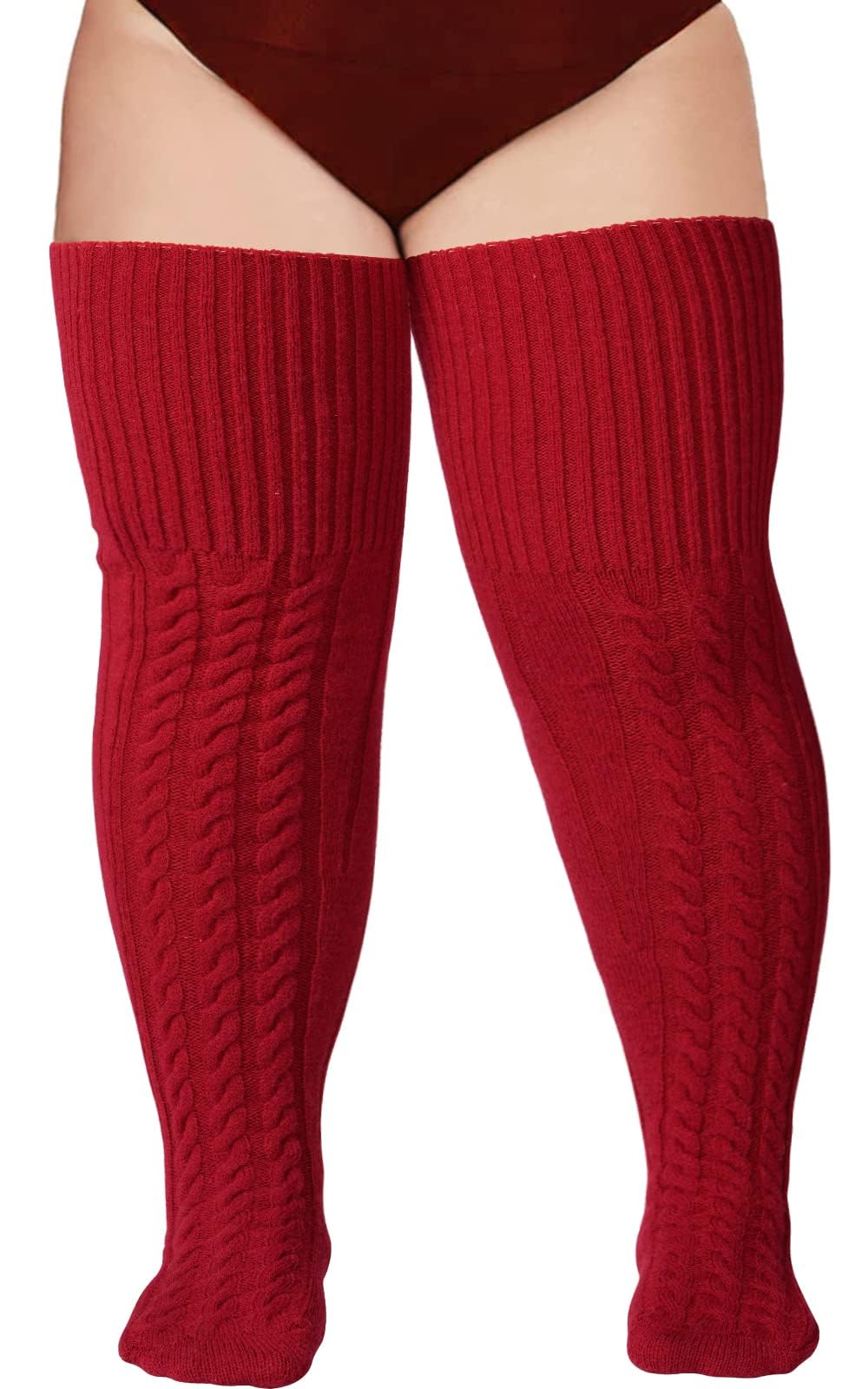Wool Plus Size Thigh High Socks For Thick Thighs- Extra Long Womens Warm Cable Knit Over Knee Stockings Leg Warmers: One Size Plus Burgundy