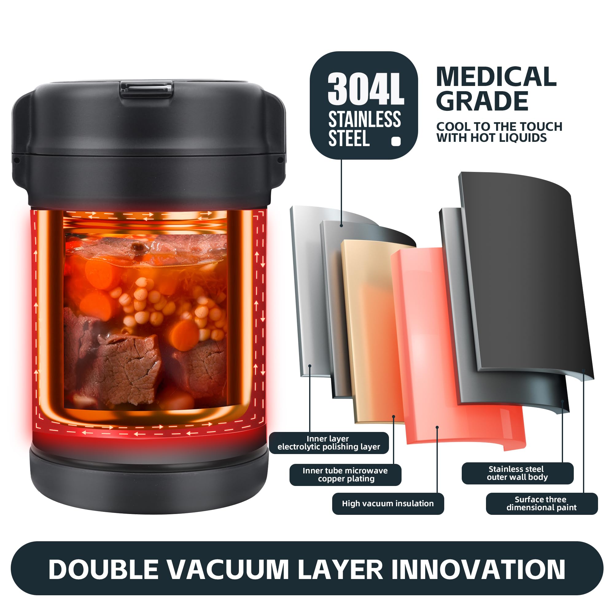 Yelocota Meal Keeper Stainless Steel Lunch Box- 67 Ounce 18/10 Stainless Steel Lunch Food Jar with 3 Tiers Leak-Proof Stackable Thermal Lunch Box,Fork,Spoon and Bag