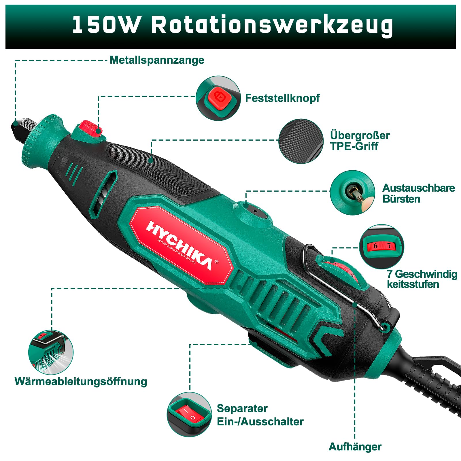 HYCHIKA 150W Rotationswerkzeug-Set 7-Stufig 10000-33000 U/min 167 Zubehörteile Schleifen Polieren Schneiden Bohren Gravieren