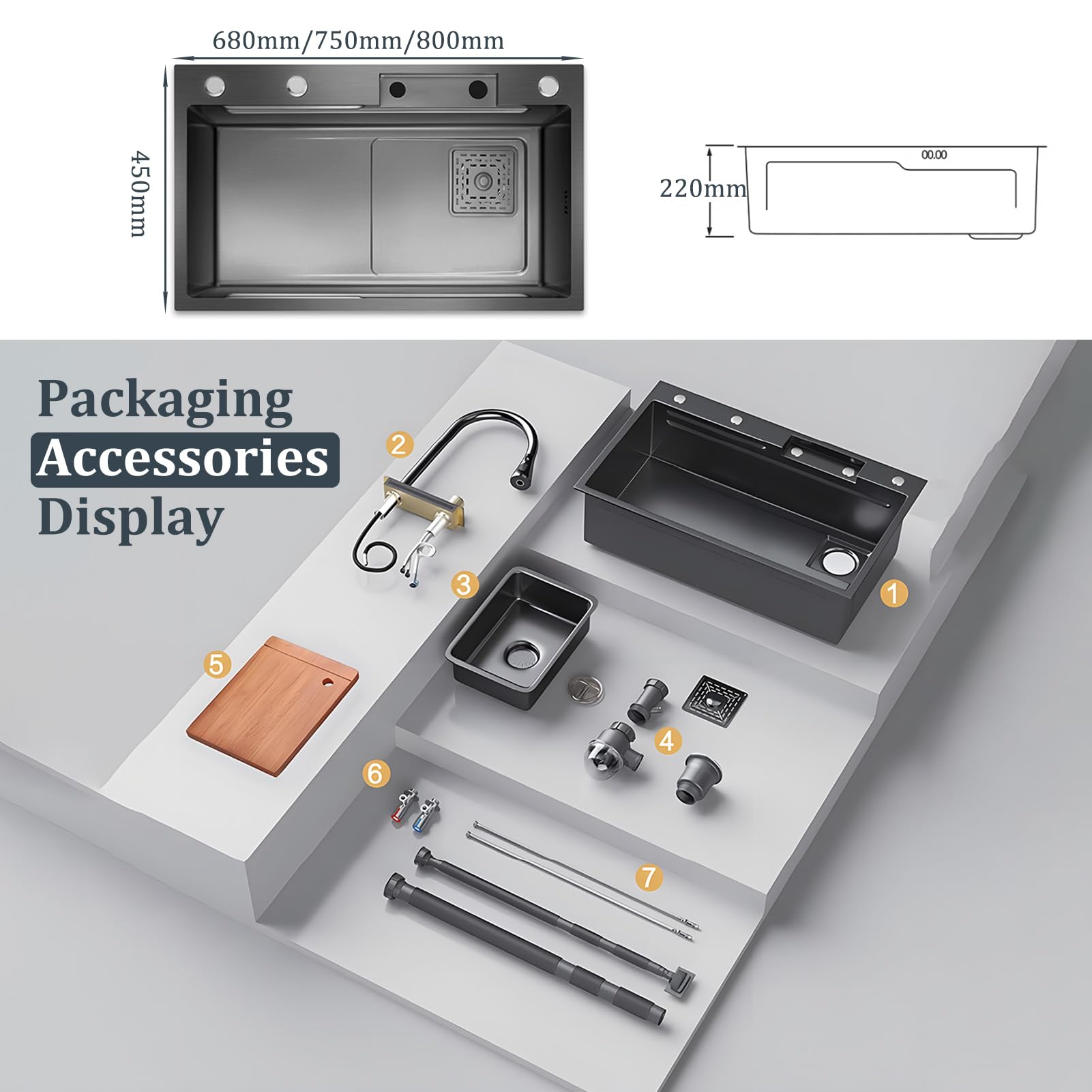 Lavandino da cucina con superficie di lavoro, 80 x 45 cm, dotato di rubinetto a cascata, in acciaio inox, per uso domestico, con idropulitrice, tagliere, scolapiatti e accessori