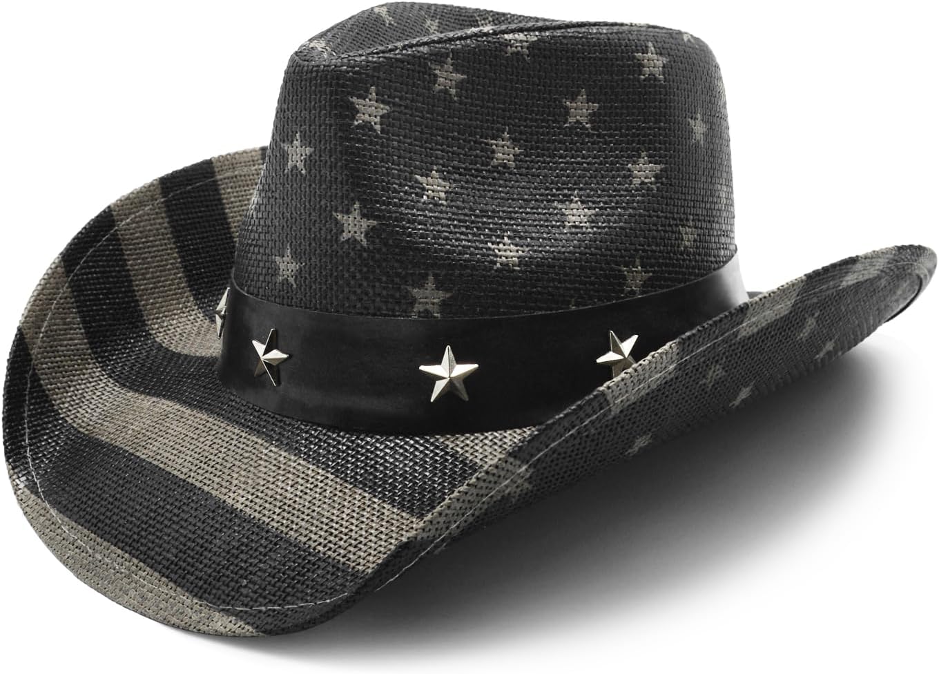 FLUFFY SENSE. Vintage USA American Flag Cowboy Hat Classic Tea Stained Patriotic Western Cowboy Cowgirl Hat with Shapable Brim, Vintage Black and White