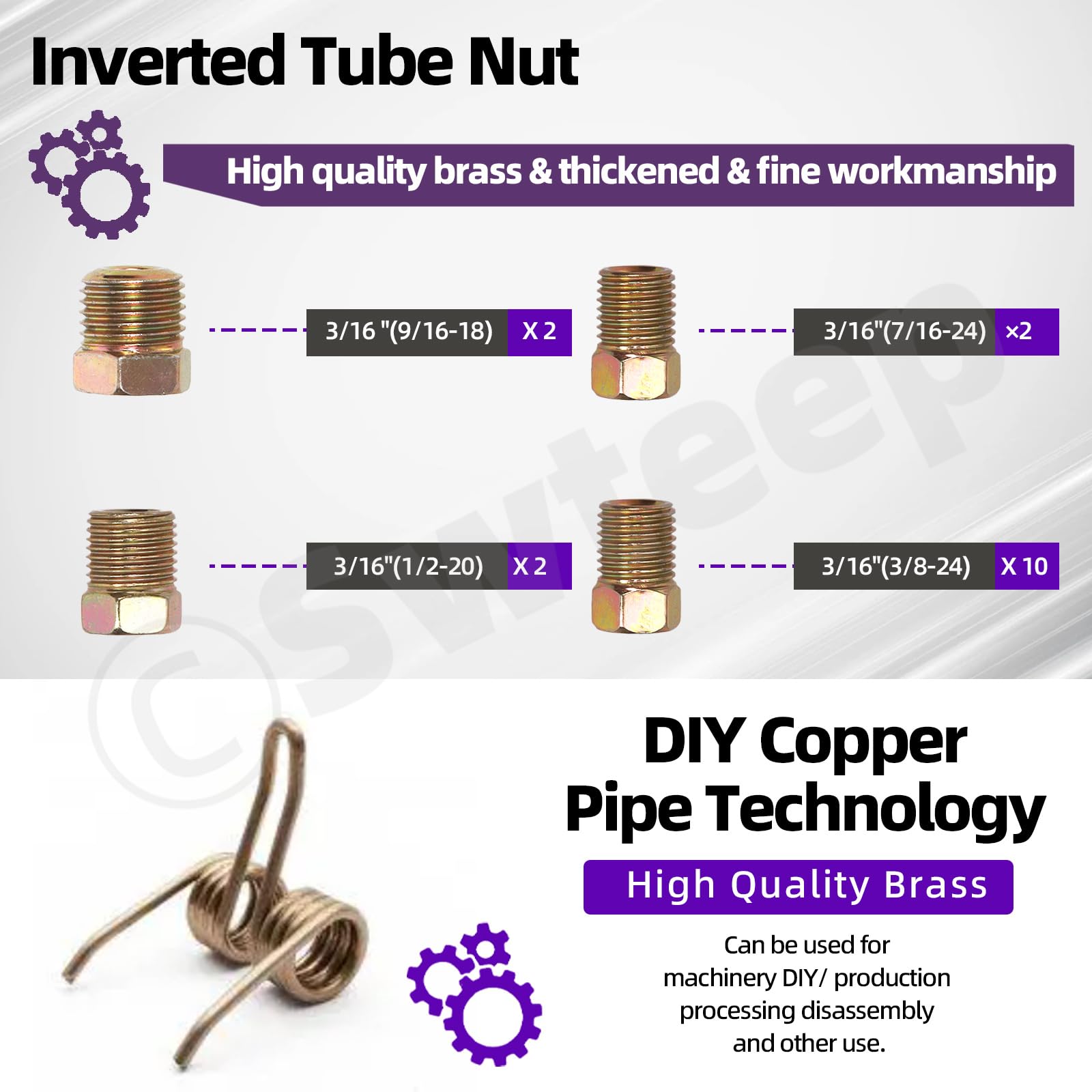 Swpeet 17Pz in Set Rame Rivestito 25 ft 3/16" Kit Tubo Linea Freno, Include 16 Raccordi, Completo Freno di Ricambio o Tubo Carburante, Facile Piegare a Mano (0.028) Spessore Parete, Filo SAE