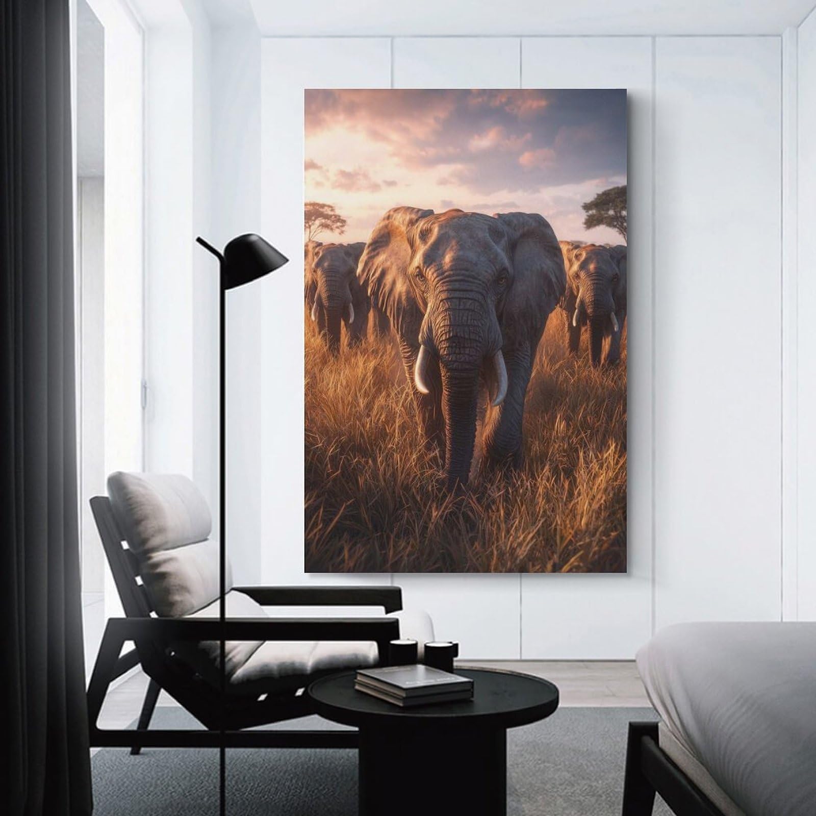 Junmoney Elephant Herd at Sunset Canvas Wall Decor, 08x12inch(20x30cm), for Wall Displays, Bedrooms Or Room Updates, Wall Decor Suited to Curated Displays
