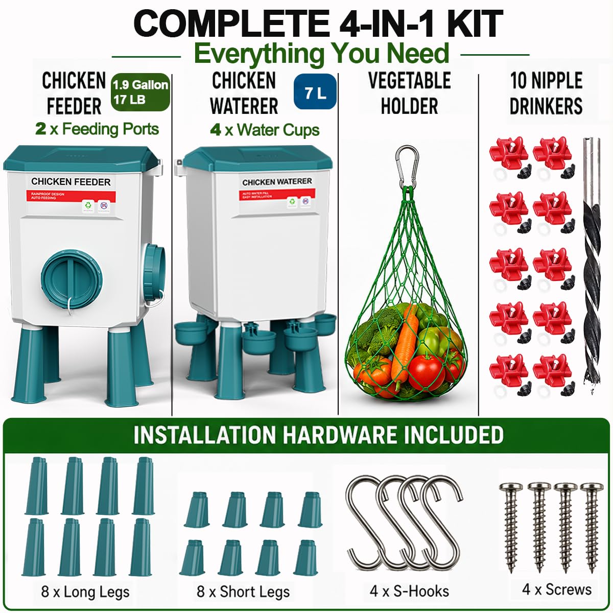 Juego de comedero y bebedero de pollo, sistema automático de alimentación de aves de corral sin residuos, alimentador de 17 libras y bebedero de 7 litros, kit de gallinero 4 en 1 con soporte