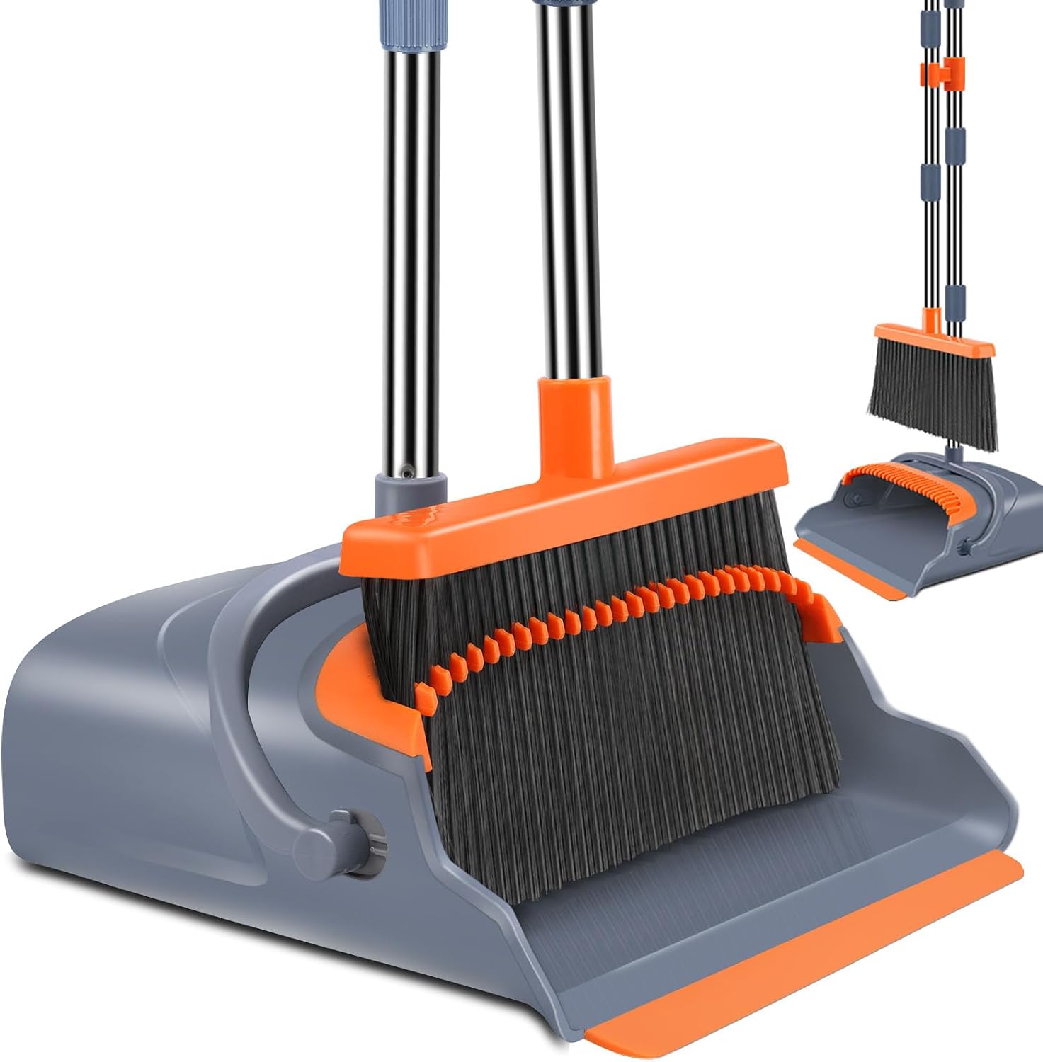 Upgrade Broom and Dustpan Set, Self-Cleaning with Dustpan Teeth, Indoor&Outdoor Sweeping, Ideal for Dog Cat Pets Home Use, Stand Up Broom and Dustpan (Gray&Orange)