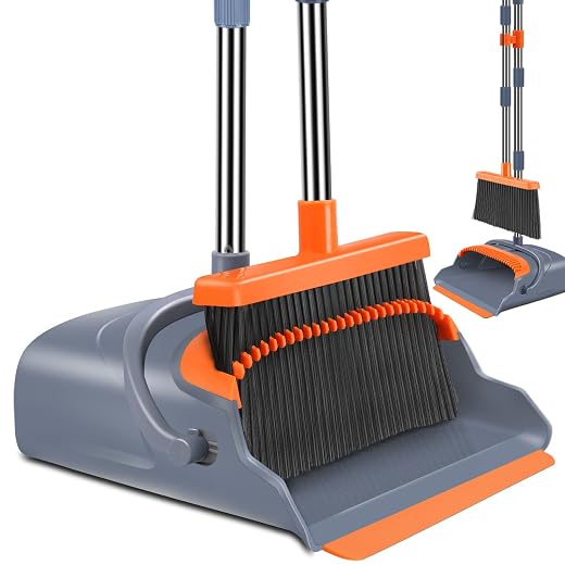 Upgrade Broom and Dustpan Set, Self-Cleaning with Dustpan Teeth, Indoor&Outdoor Sweeping, Ideal for Dog Cat Pets Home Use, Stand Up Broom and Dustpan (Gray&Orange)