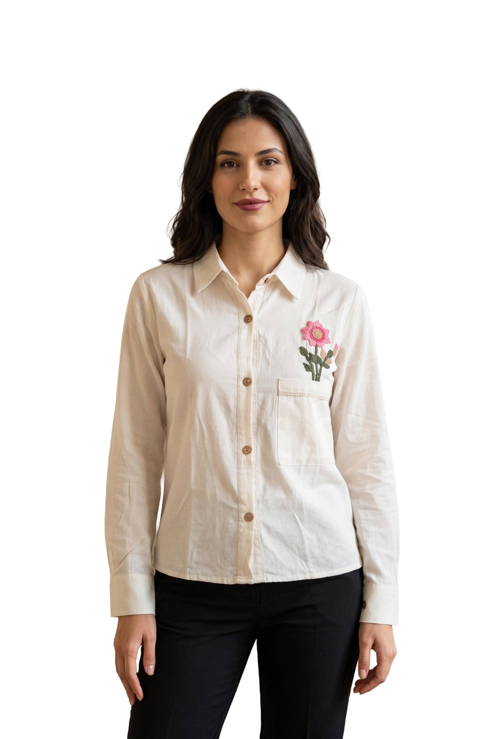 Women's Off White Cotton Shirt with Multicolour Floral Embroidery Work-picture-44