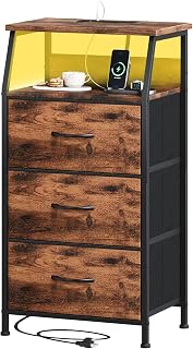 Somdot Tall Nightstand with Charging Station and LED Light for Bedroom, 3 Drawers Dresser with Fabric Bins for Bedside Kids Dorm Room Closet Laundry Entryway, Wood Grain Print