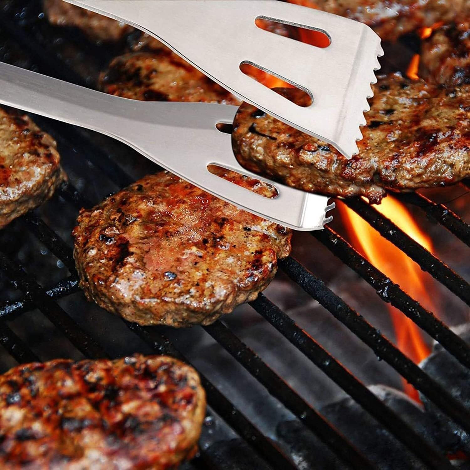 5-teiliges Grillbesteck-Set, Grillset aus Edelstahl mit Spatel, Gabel, Messer, Zange und Bürste für das Grillen im Freien