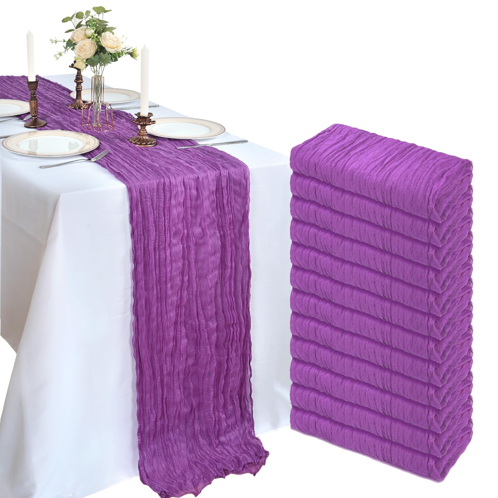 Photo 1 of 12 Pack 10FT Purple Cheesecloth Table Runner 120 Inch Long Gauze Rustic Boho Spring Cheese Cloth Table Runner Sheer Fabric Decorations for Holiday Party Wedding Banquet Bridal Baby Shower Décor
