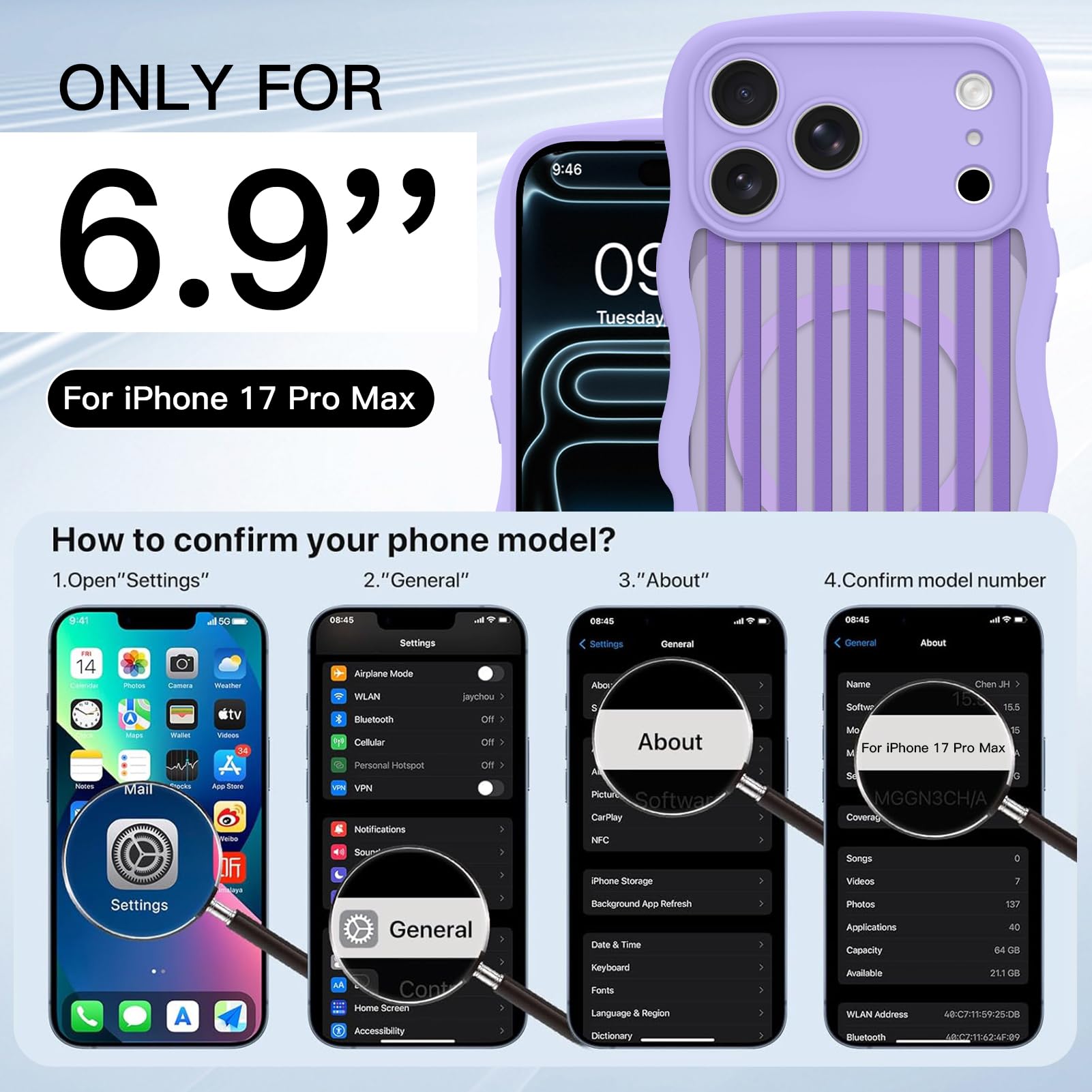 Fiyart Custodia magnetica per iPhone 17 Pro Max, ondulata, riccia, carino