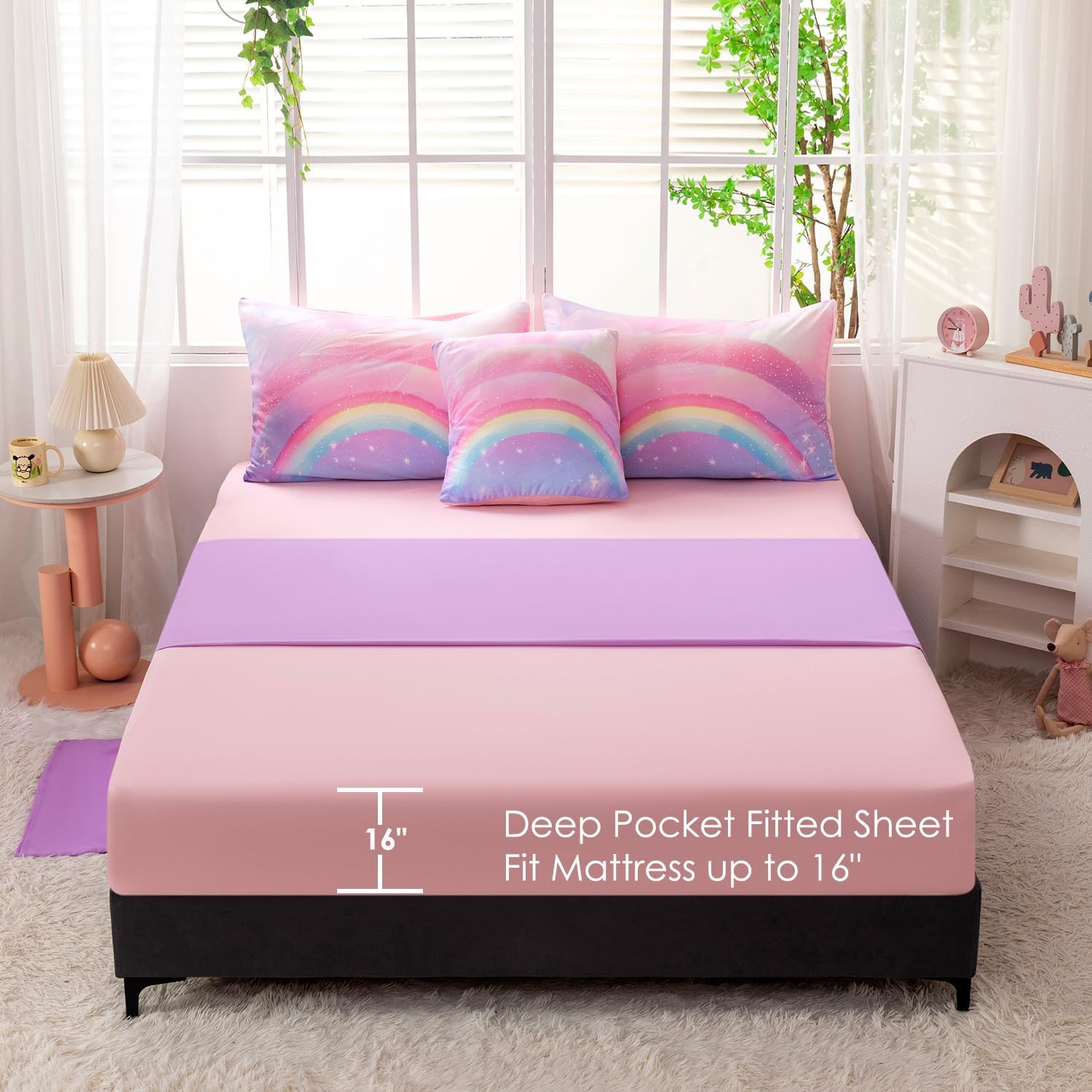 Glitter Rainbow Twin Girls Comforter Set, 6 Pieces Colorful Galaxy Tie Dye Bedding Set, Pink Purple Ombre Kids Bed in A Bag with Sheets(Glitter Rainbow, Twin)