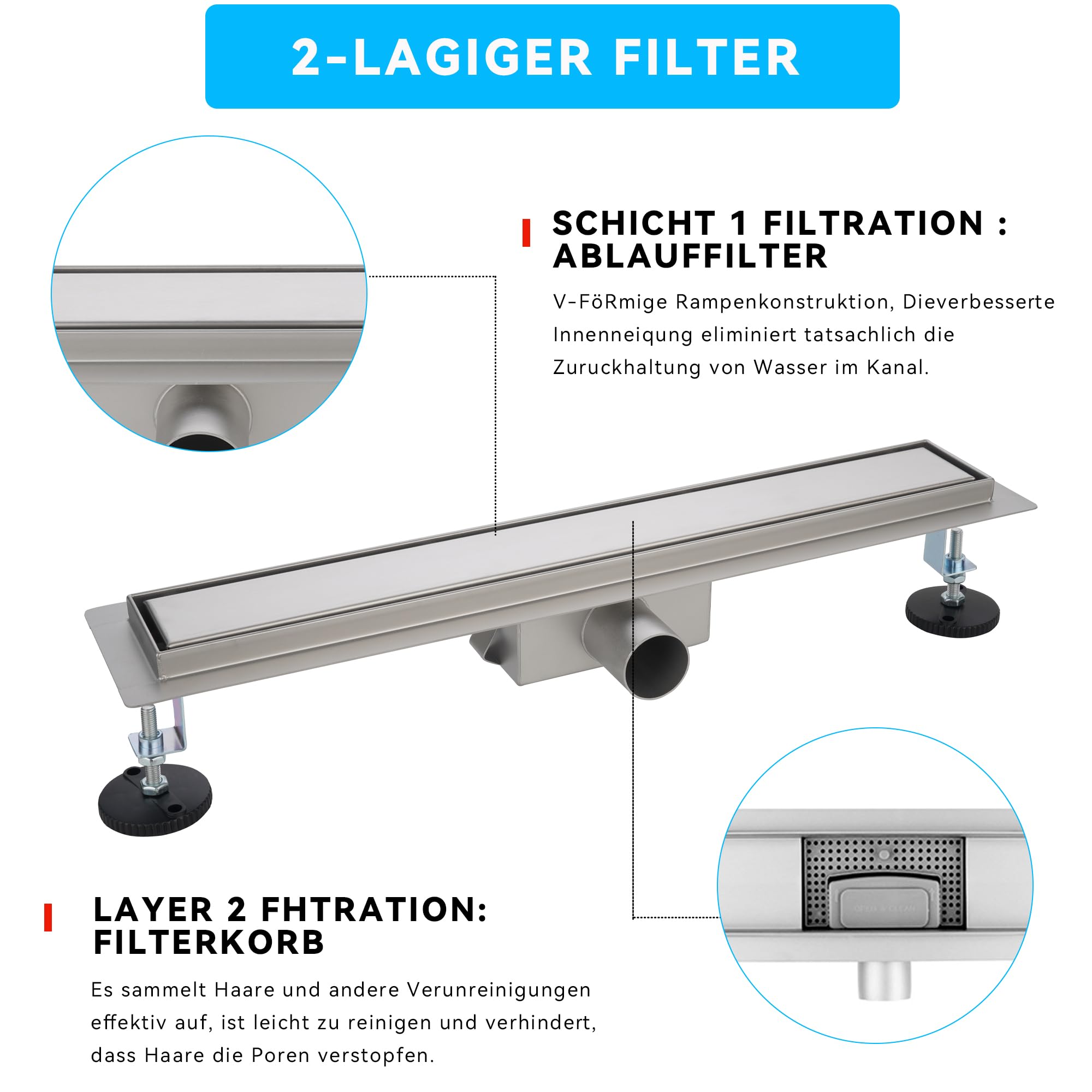 Warmfay Duschrinne 60 cm, Befliesbare Edelstahl Extra Flach Duschablauf, Bodenablauf Dusche Komplettset inkl. Haarsieb Siphon Geruchsstop - Randablauf
