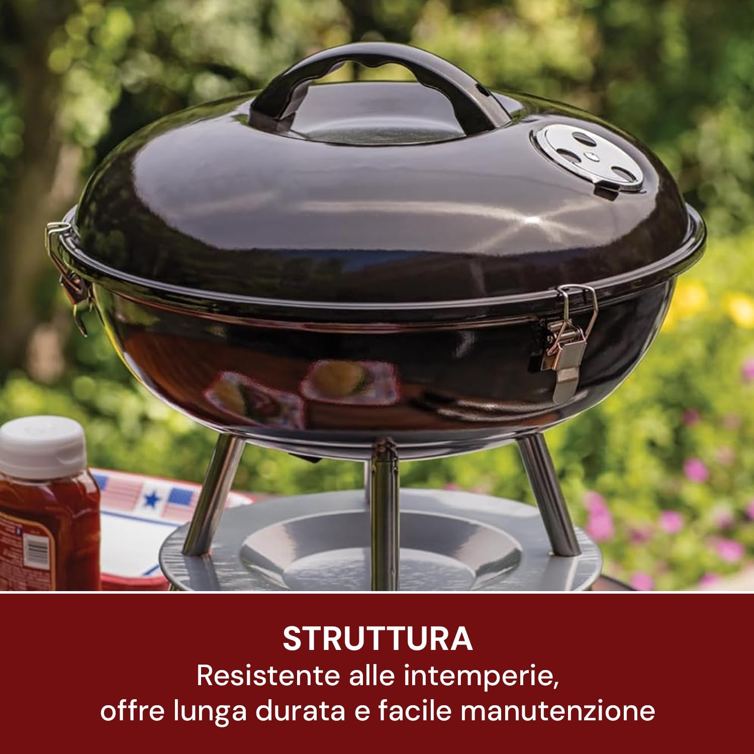 Grill okrągły z pokrywką 39 x 34 cm – idealny do gotowania mięsa i ryb w ogrodzie, na tarasie lub na kempingu - z grillem ze stali nierdzewnej i zestawem montażowym - odporny na warunki