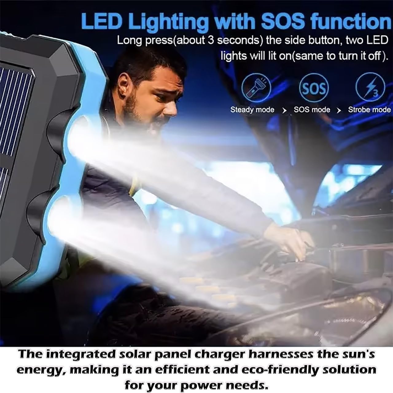 Solar Power Bank 20000 mAh, caricabatterie portatile a ricarica rapida con torcia e bussola, batteria di backup impermeabile per uso esterno e viaggi, ricarica alla luce solare o con il cavo in