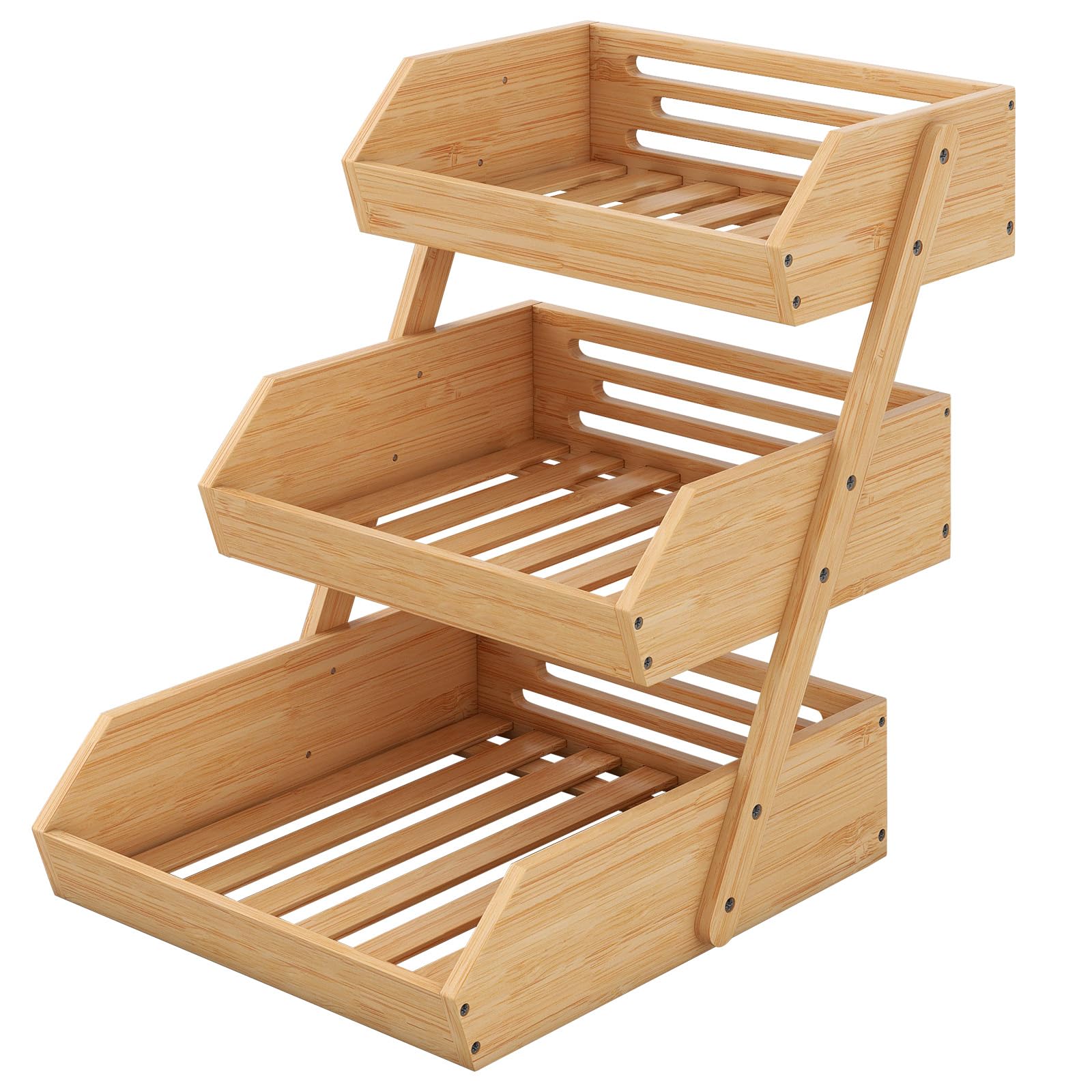 Étagère à fruits et légumes à 3 niveaux en bambou – Panier de rangement en bois pour plan de travail (fruits, légumes, pain et collations) – Support d'organisation pour (3 niveaux)