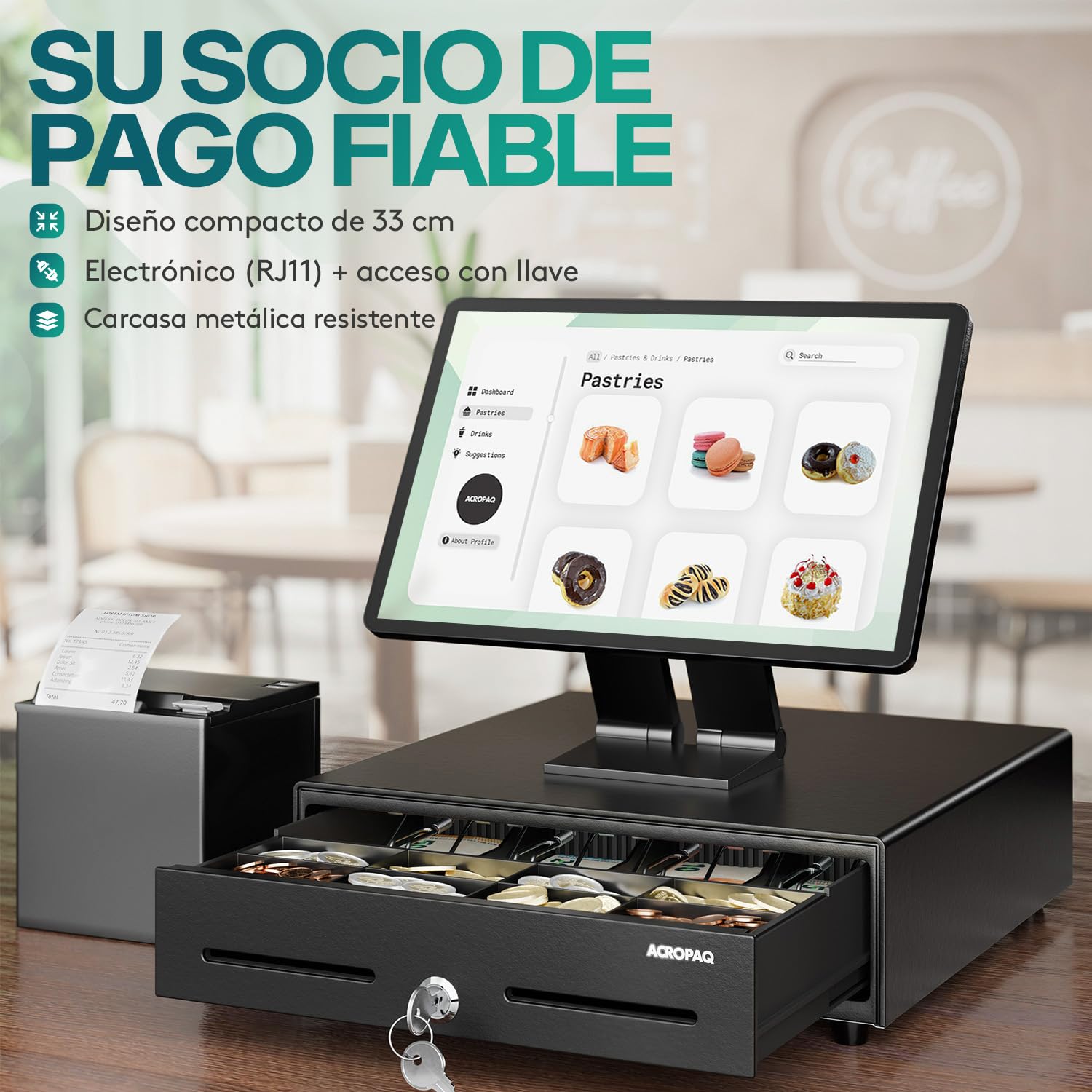 ACROPAQ Cajón portamonedas - Compatible con caja registradora RJ11, 4 compartimentos monedas y 8 billetes, (34 x 33 x 10 cm) Carcasa de metal resistente - Caja registradora negocio