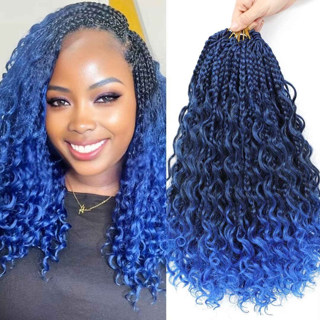 Crochet Hair for Black Women 14inch Goddness Box Braids Crochet Hair With Curly Ends Ombre Blue Bohomian Crochet Braids Hair 14 Inch(8Packs) #1b/blue