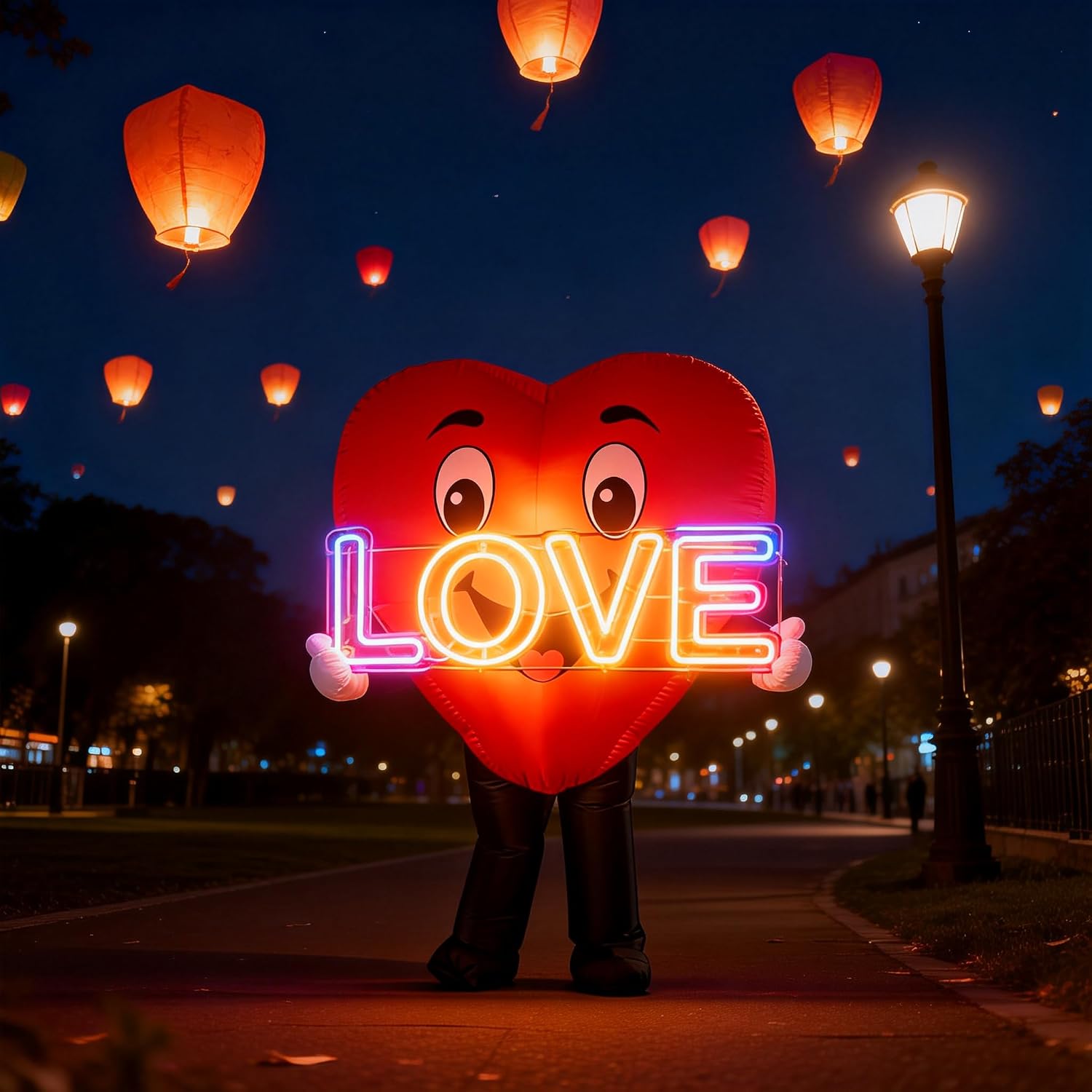 Inflatable Love Heart Mascot Costume, Red and Black Valentine Character Outfit with Smiling Face Halloween Party Fancy Dress