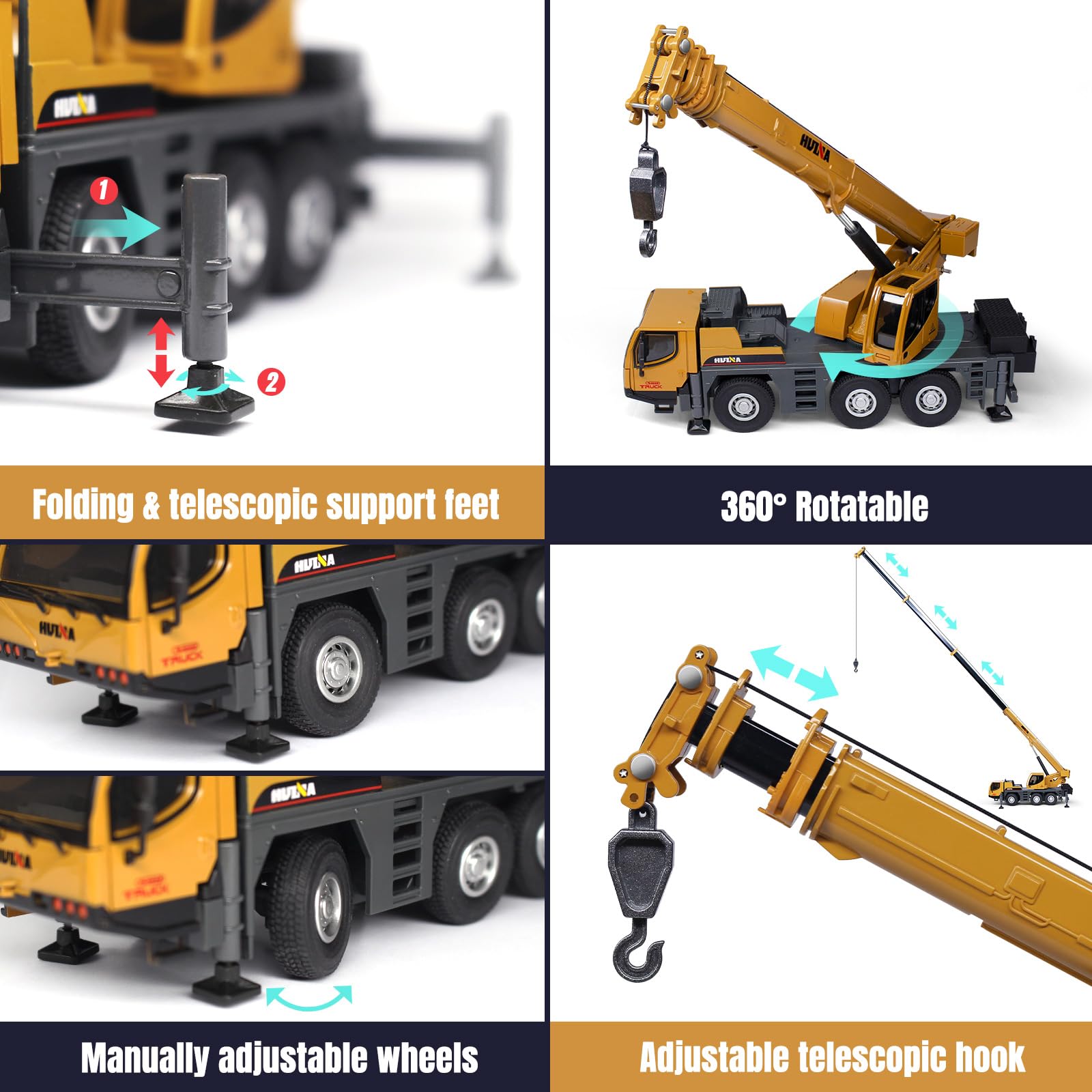 HUGMIE 1:50 Crane Boys Toys,Construction Toys with Movable parts,Truck with Extendable long arm,Winch and Rubber Wheels for Boys Toys Age 8 - Image 3