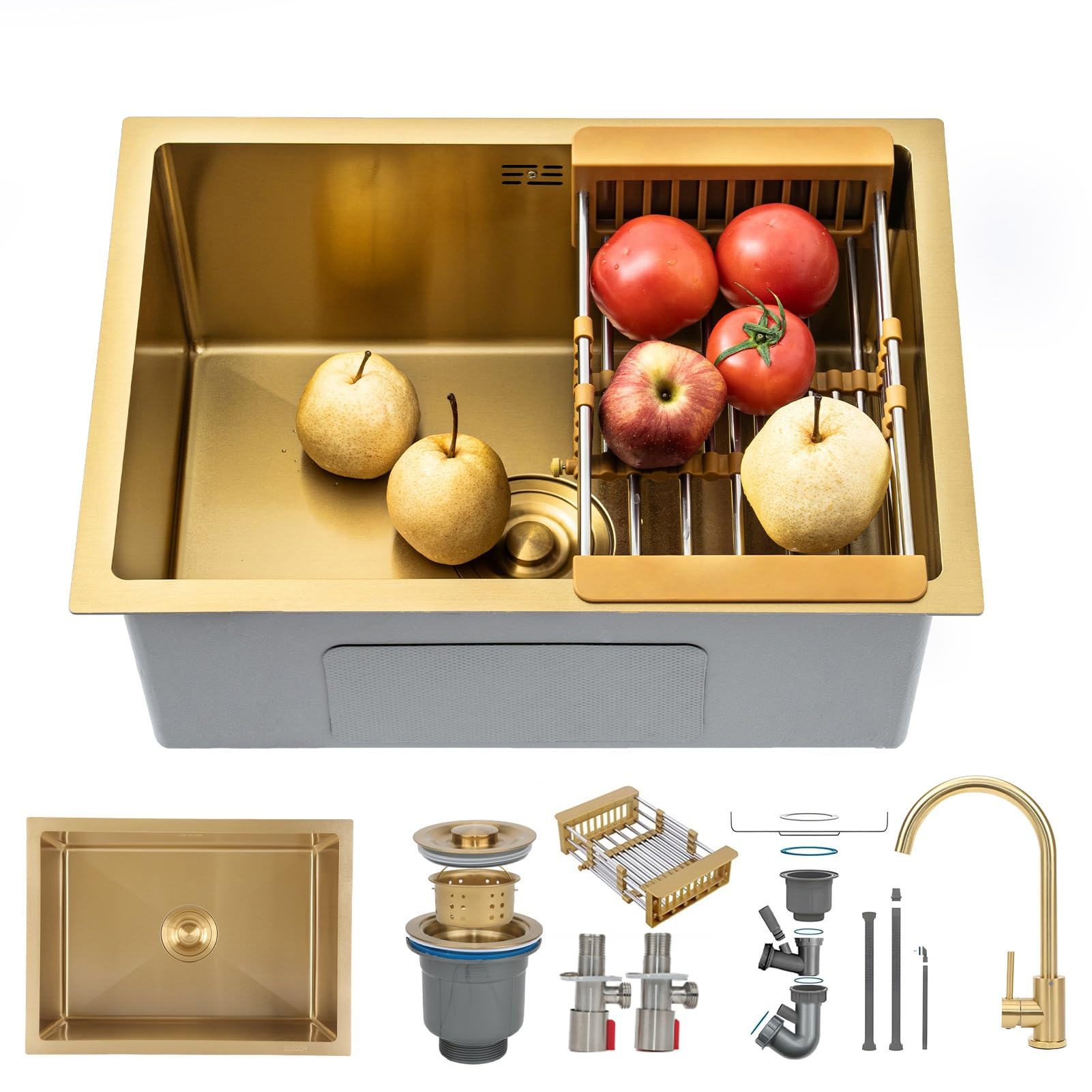 ZQFHSX Gold Stainless Steel Bar Prep Sink with Faucet, Undermount/Drop-in Single Bowl Golden Drain Strainer, Compact Workstation Set, RV & Kitchen Sink(Gold#1,55x40cm)