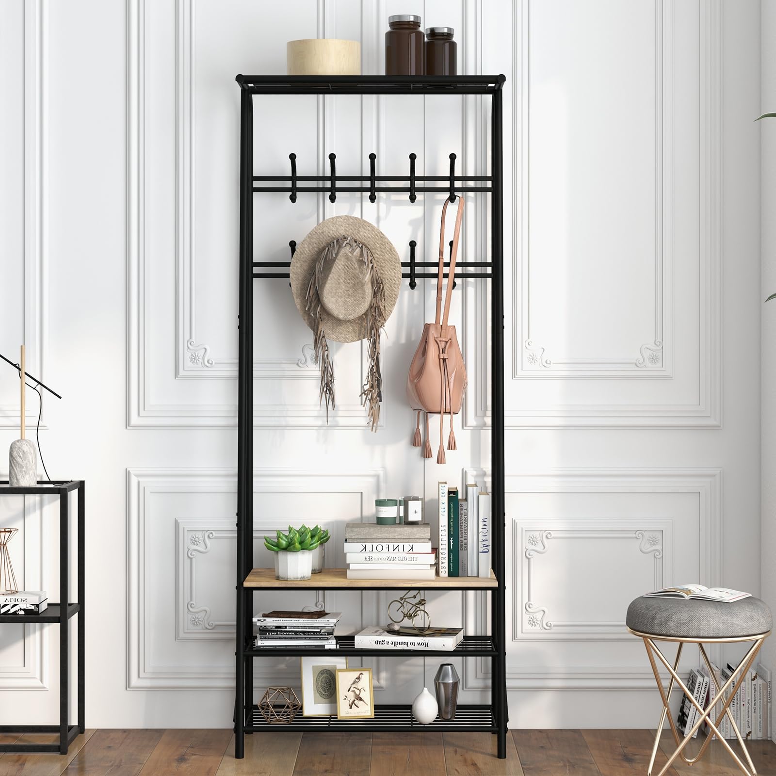 Garvee Perchero Con Zapatero Mueble Recibidor,10 Ganchos Extraíbles, Estructura Metálica Para Entrada, Puerta Principal Y Vestíbulo, Dimensiones 64×29×180 cm