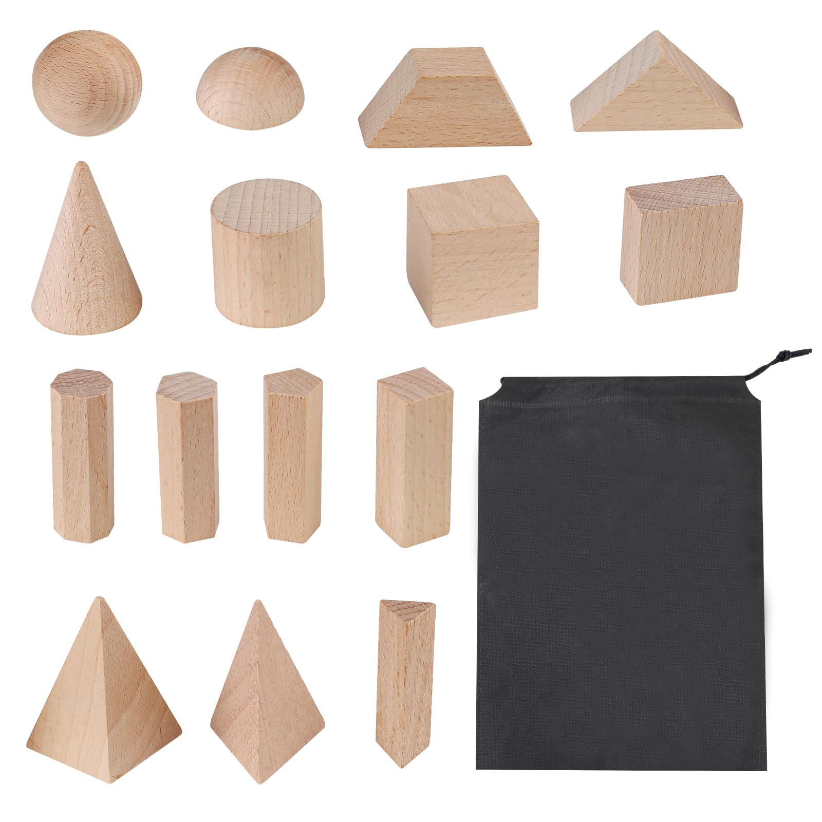 15 Pcs Wooden Geometric Shapes Set, Geometry Learning Resources for Elementary Preschool, Teacher Educational Materials for Math Teaching (wood color 15pcs)