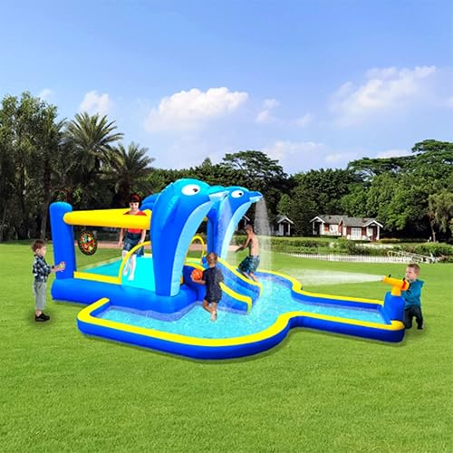 Casa inflable de rebote con tobogán para niños de 3 a 12 años, casa de rebote de agua 6 en 1 al aire libre con rociador de delfines, toboganes,