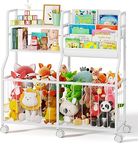 Miniatura 8 de BBLIKE Organizador de almacenamiento de animales de peluche, estantería rodante para niños y almacenamiento de juguetes con exhibición de libros de
