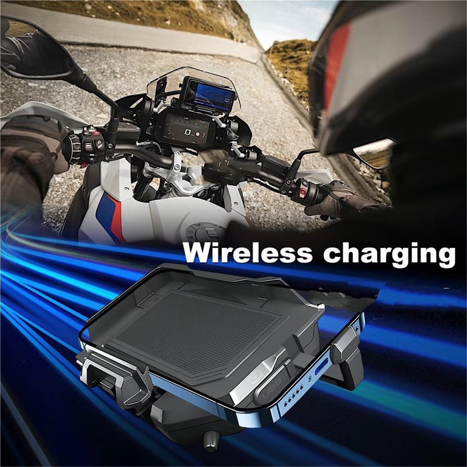 Moto Supporto Per Staffa Di Navigazione Per BMW Per R1300GS Per R1300 GS Per R 1300 GS Per R1300gs Supporto Telefono Moto Caricabatterie Wireless USB Ricarica Rapida(Wireless- Black Line)