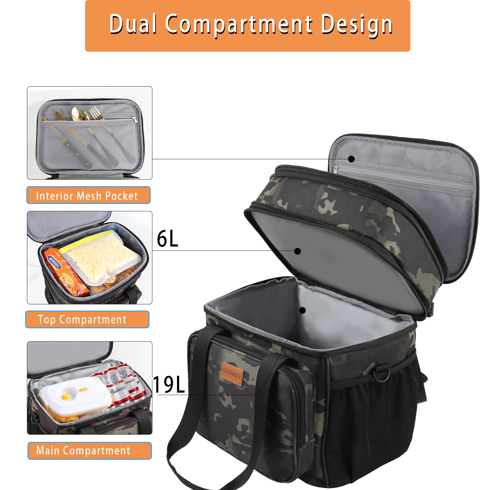 GLENKEY Rozszerzalne duże pudełko na lunch, izolowana, wytrzymała torba na lunch, wodoodporna, szczelna, trwała, chłodząca torba dla mężczyzn, kobiet, dorosłych, do pracy, na budowę, kemping, podróż,