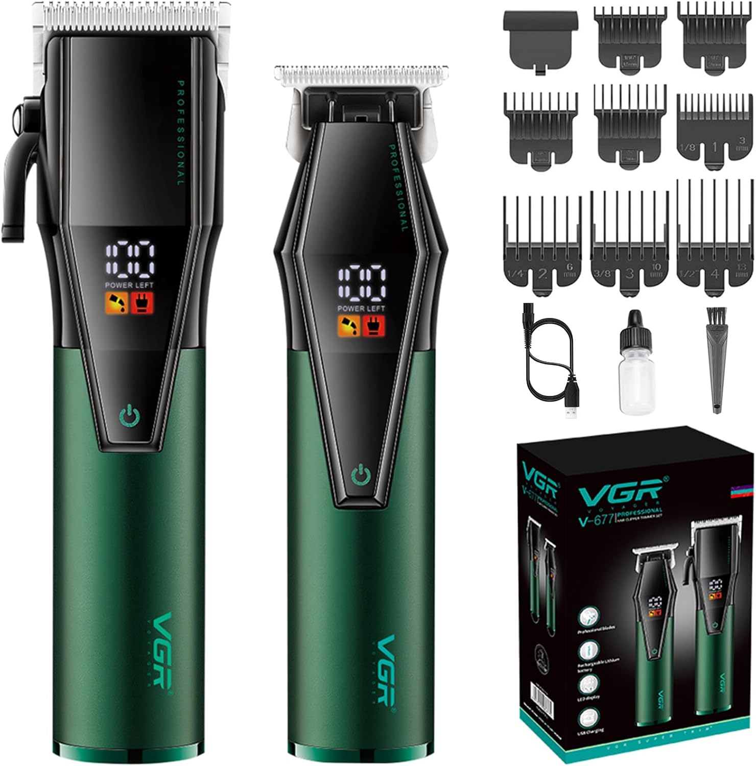 VGR Professionele tondeuse voor mannen, Barber Clipper en Trimmer Set, snoer/draadloze tondeuseset met led-display