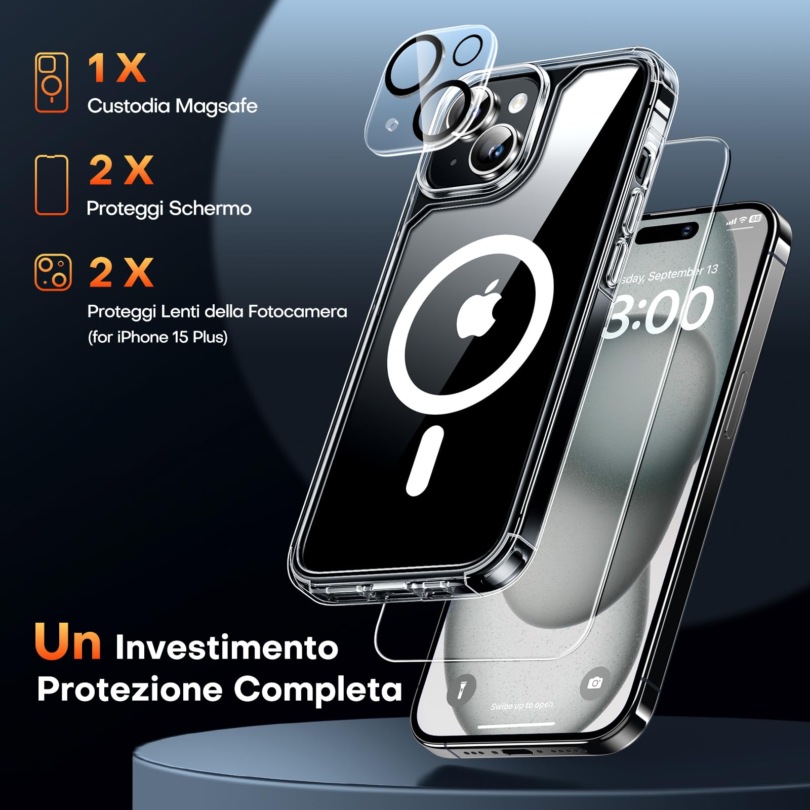 TAURI 5 in 1 Kit Magnetica Cover iPhone 15 Plus [Compatibile con MagSafe] con 2 Pellicola in Vetro Temperato e 2 Pellicola Fotocamera, Custodia Rigida per Sottile Anti-Ingiallimento - Trasparente