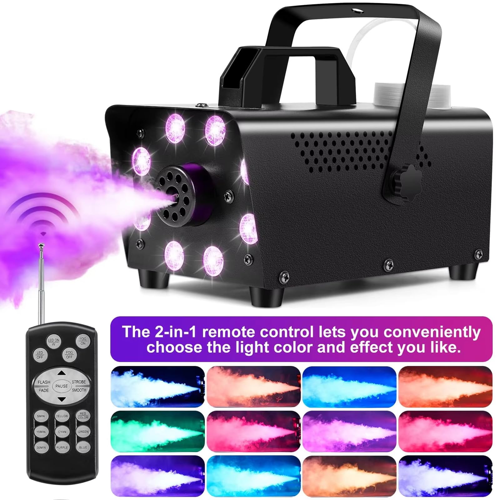 Máquina de humo, máquina de niebla con 8 luces LED con 13 colores y 4 efectos, niebla 2000 CFM 500 W pequeña máquina de niebla con controles remotos inalámbricos, para bodas de Navidad de Halloween