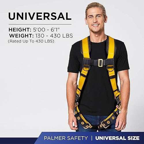 Miniatura 10 de Palmer Safety Arnés de cuerpo completo con ajuste de 5 puntos, anillo en D dorsal, patas con ojales, dos anillos en D laterales e indicadores de