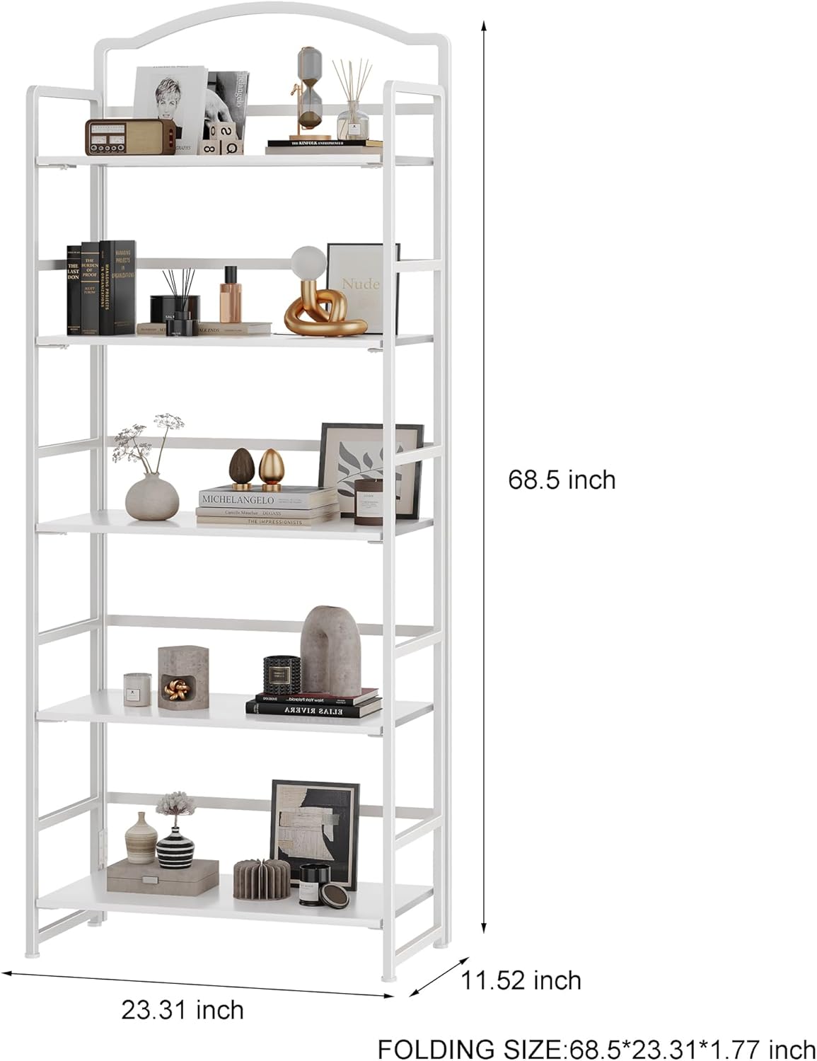 JSB 5 Tier No Assembly Folding Bookshelf, Arched Bookshelf, Foldable Bookcase for Living Room, Bedroom, Office,Skinny Bookshelf (All White)