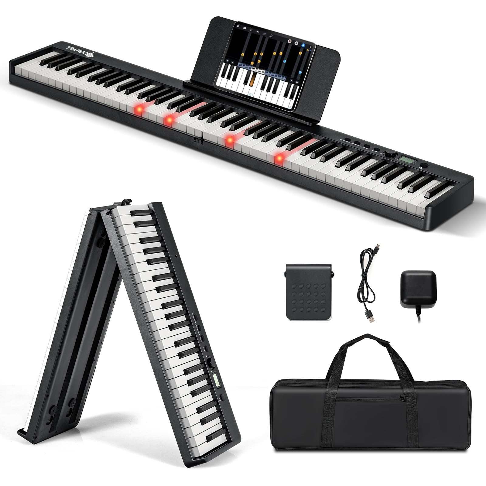 GYMAX Pianoforte Digitale 88 Tasti Luminosi con Pedale Sustain, Leggio per Spartiti, Tastiera Pieghevole Elettronica a Doppio Manuale, Interfaccia MP3/USB/MIDI, Nero/Bianco (Nero)