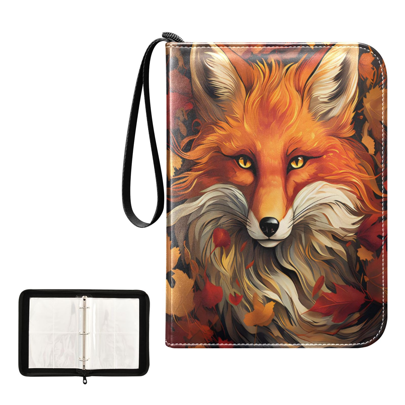 Watercolor Autumn Fox Card Binder 4 Pocket Trading Card Binder Portable Cards Collection Book with Zipper