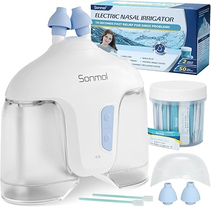 Sonmol Electric Nasal Irrigation System (Nasal Irrigation, White), Nose Cleaner for Sinus Adult, Self-Cleaning Nasal Cleaner with 50 Packets Saline