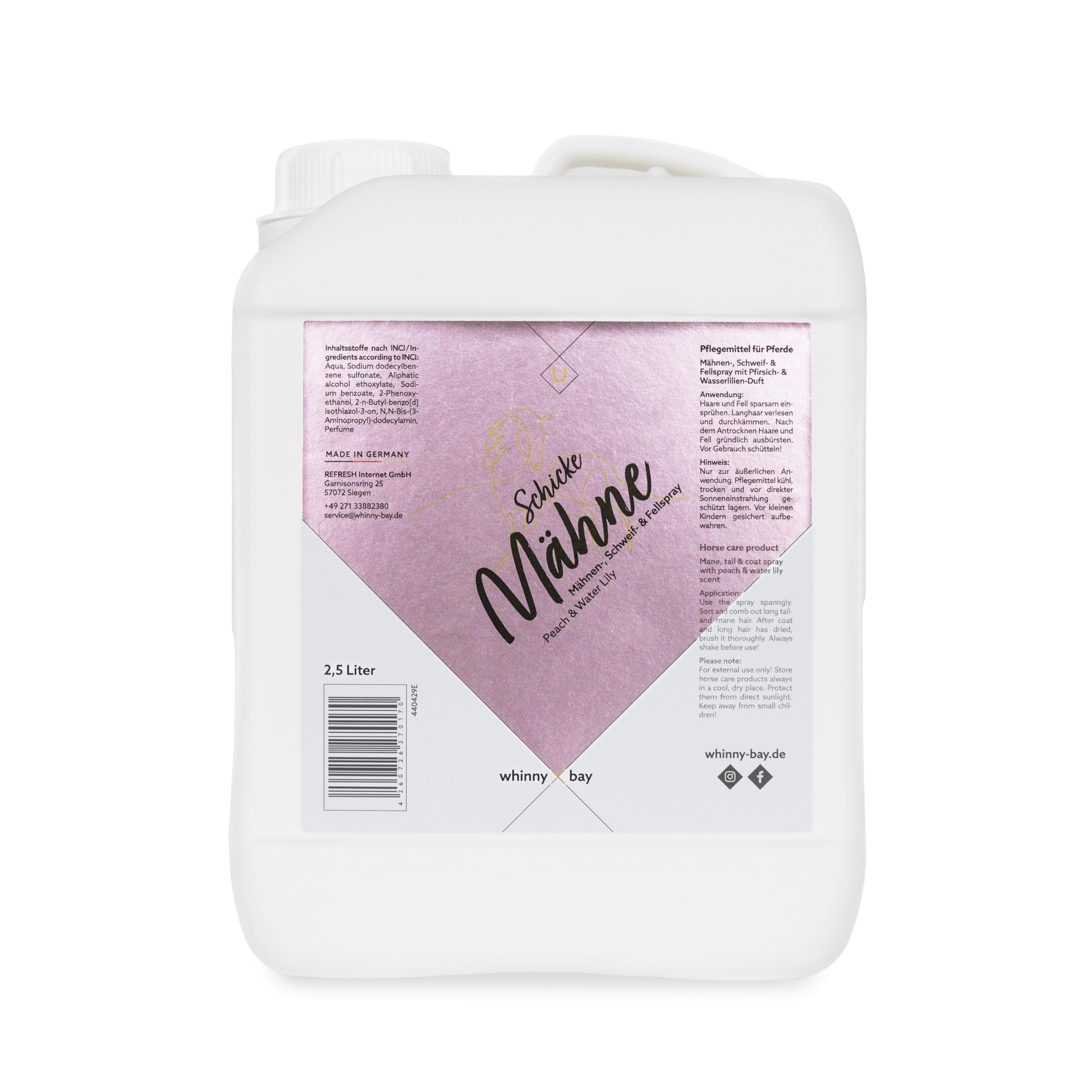 Mähnenspray Schweifspray Schicke Mähne - nachhaltiger Pflegeeffekt, seidiger Glanz & bessere Kämmbarkeit - exotischer Duft Pfirsich & Wasserlilie 2500 ml
