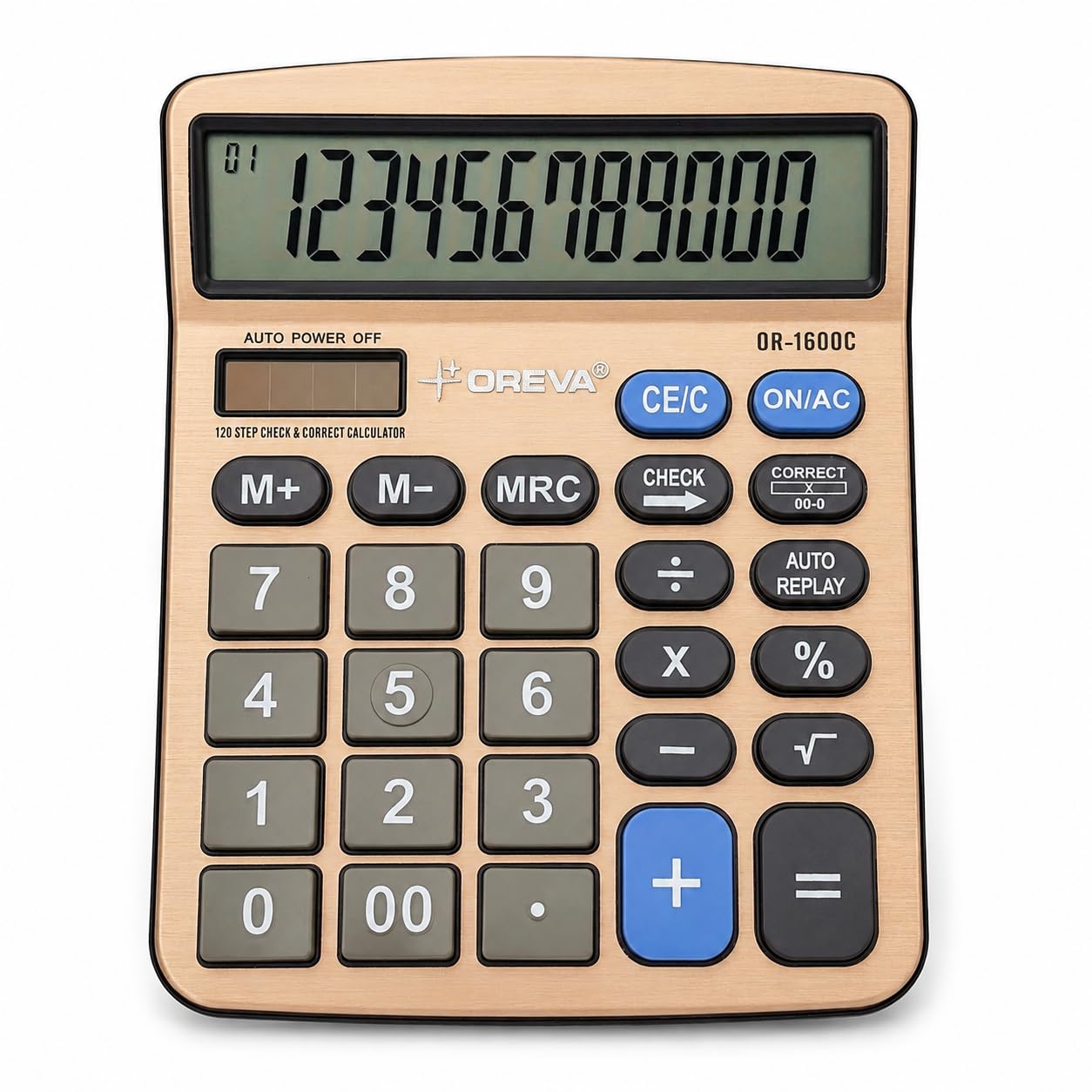 OREVA OR-1600-C 12-Digit Desktop Calculator | Aluminum Face | Large Display | GST Calculation | 120 Steps Check | Solar & Battery | Elegant Design with 1 Year Warranty - Copper