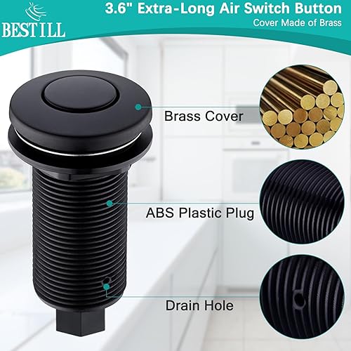 Miniatura 3 de BESTILL Kit de interruptor de aire superior para eliminación de basura, botón negro mate de 3.6 pulgadas de largo con cubierta de latón, módulo de