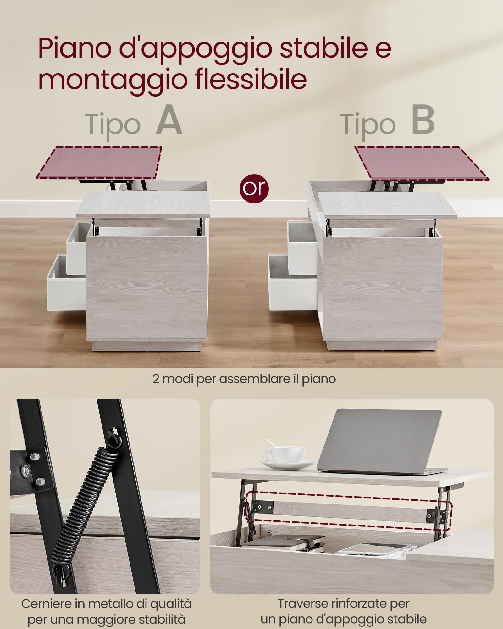 VASAGLE Tavolino da Salotto, Tavolino da Caffè con Piano Sollevabile, 2 Cassetti e Scomparti Nascosti, Scomparti Aperti, per Soggiorno Studio, Beige Avena LCT210K01