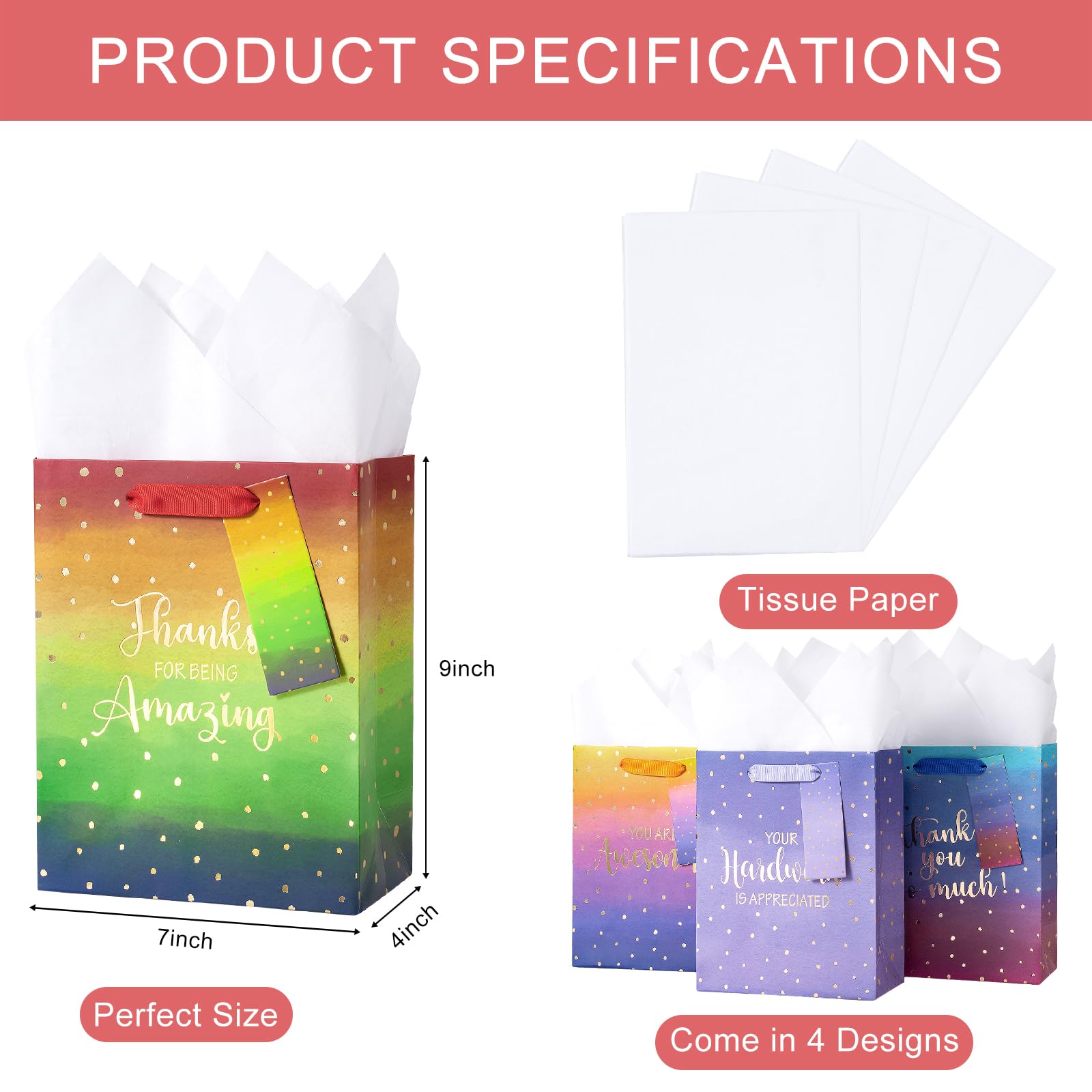 Loveinside Medium Size Gift Bags, Employee Appreciation Thanks Pattern Gift Bag with Tissue Paper for Shopping, Parties, Wedding, Baby Shower, Craft-4 Pack, 7" X 4" X 9"