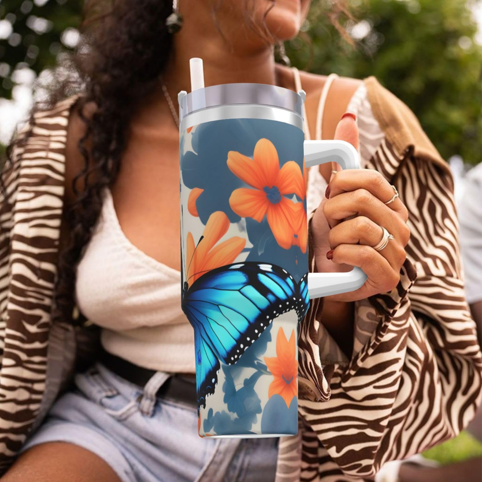 Blue Butterfly Ice Bully Doppelwandige isolierte Wasserflasche mit Griff und Strohhalm-Deckel, 1,2 l