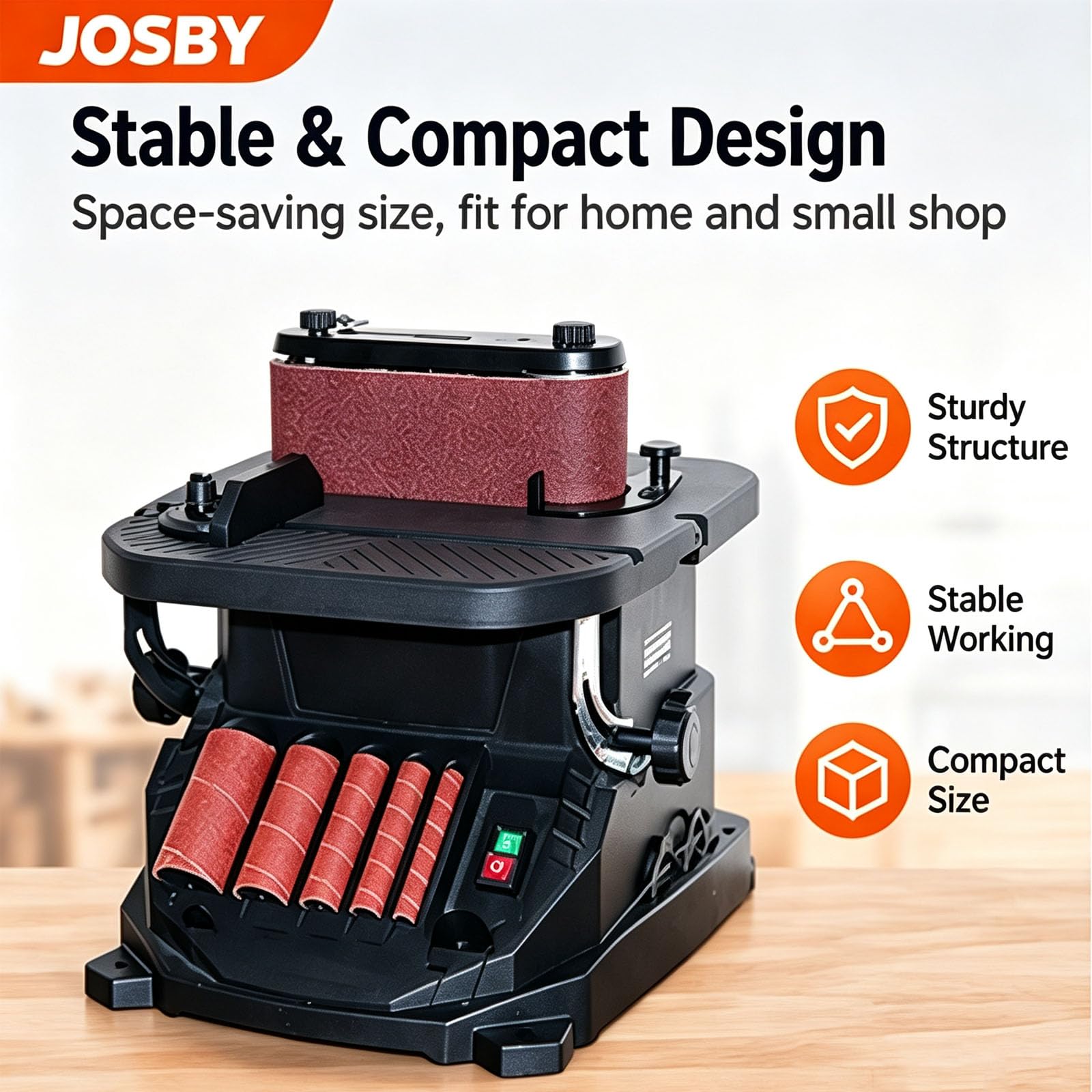 JOSBY Levigatrice A Nastro da Banco, Potente Levigatrice da Banco da 450 W, 2850 Giri/min, Utensile Compatto per Levigare Il Legno, per Modellare, Levigare E Rifinire Progetti di Falegnameria