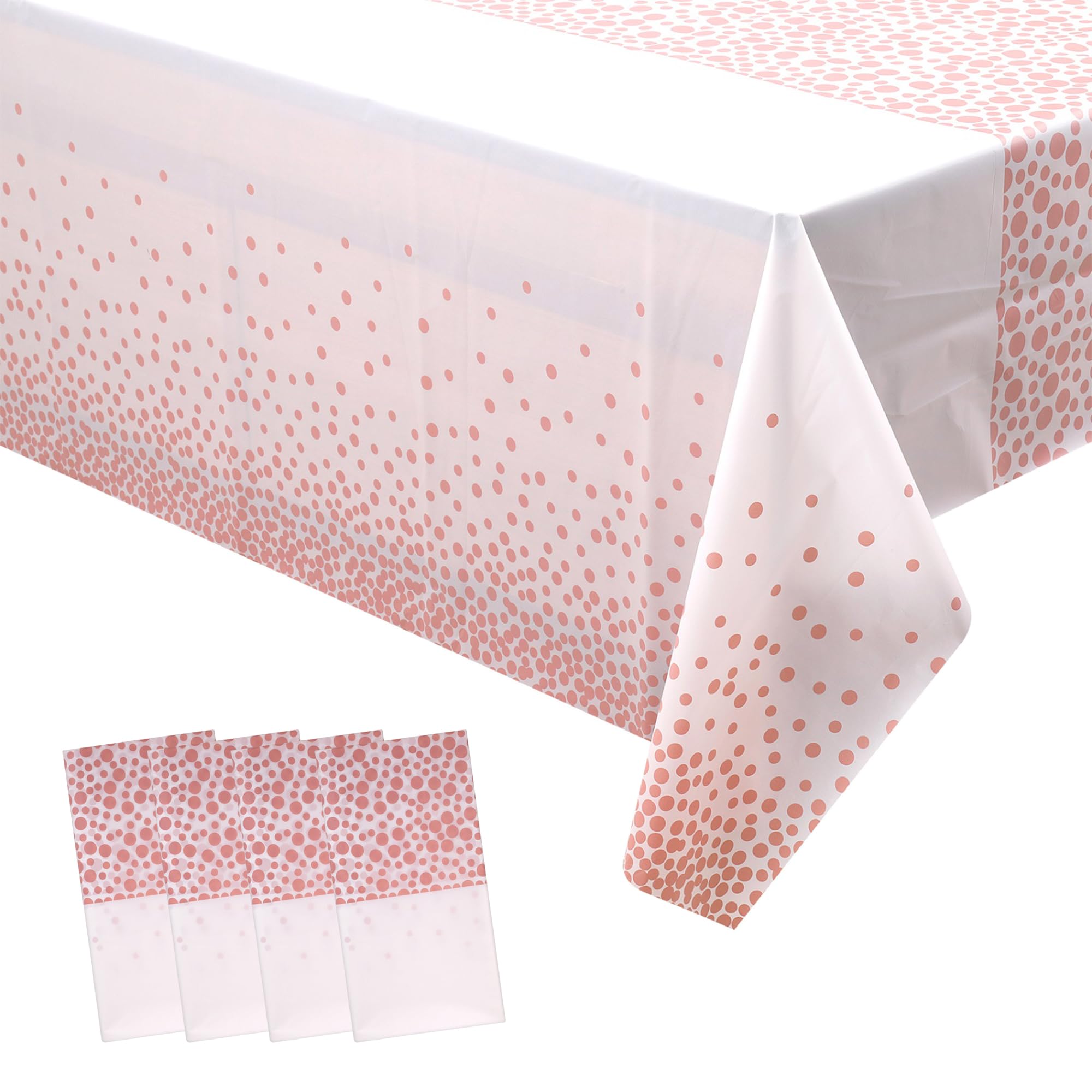 Trimming Shop 54" X 108" Polka Dots Disposable Plastic Table Cover - Waterproof Rectangular Dining Table Liner, Wipe Clean Kitchen Tablecloth Protector, White With Rose Gold Polka Dot, Pack of 4