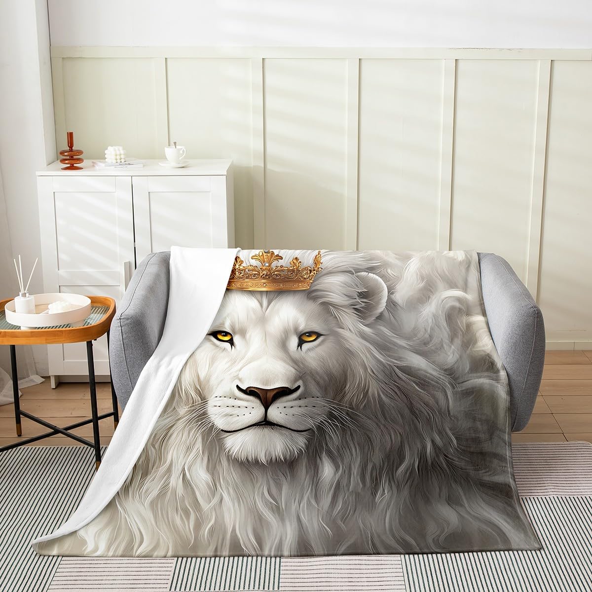Deko Decke Weißer Löwe Safari-Print Tierfell-Print Überwurf L