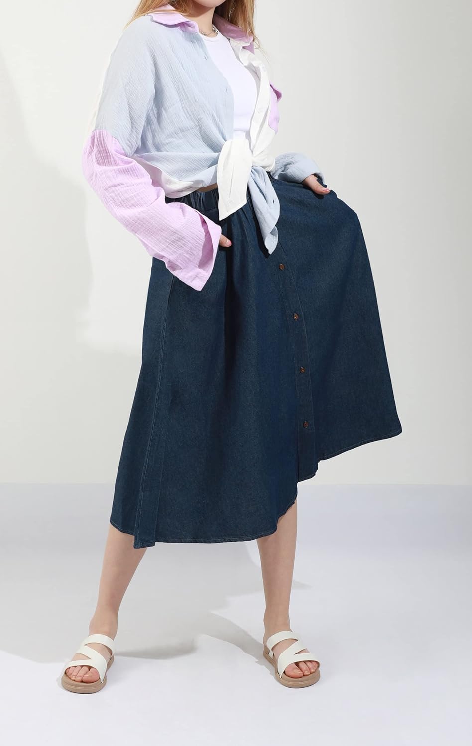 CHARTOU Womens Stretchy High Waist 5-Buttons Front A-Line Flowy Midi Skirts - Image 3