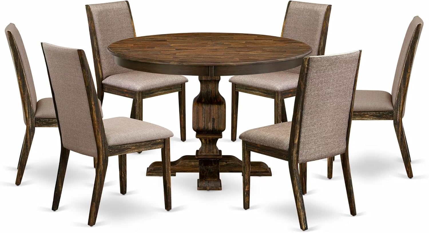 East West Furniture F3LA7-716 7 Piece Dining Set Consist of a Round Dining Room Table with Pedestal and 6 Dark Khaki Linen Fabric Upholstered Chairs, 48x48 Inch, Distressed Jacobean